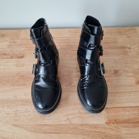 Rag & Bone Cannon Buckle Boots Black Moto Ankle Zip Up 38.5 Patent Leather - Picture 2 of 8